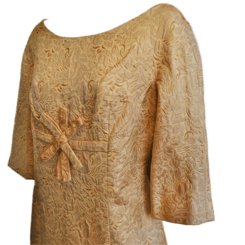Vintage 50s Adele Simpson Razooks Gold Brocade Dress Metal Zip Back Mesh Lining